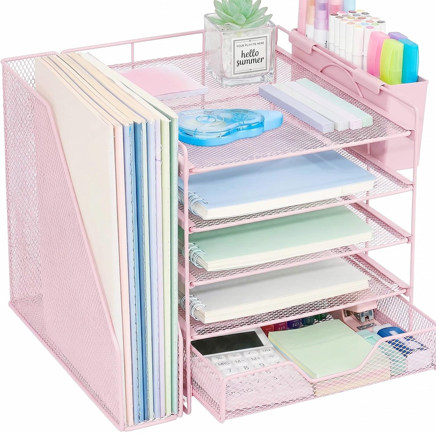 Gugsey 5-Tier Desk File Organizer with Drawer & Pen Holder (Pink)