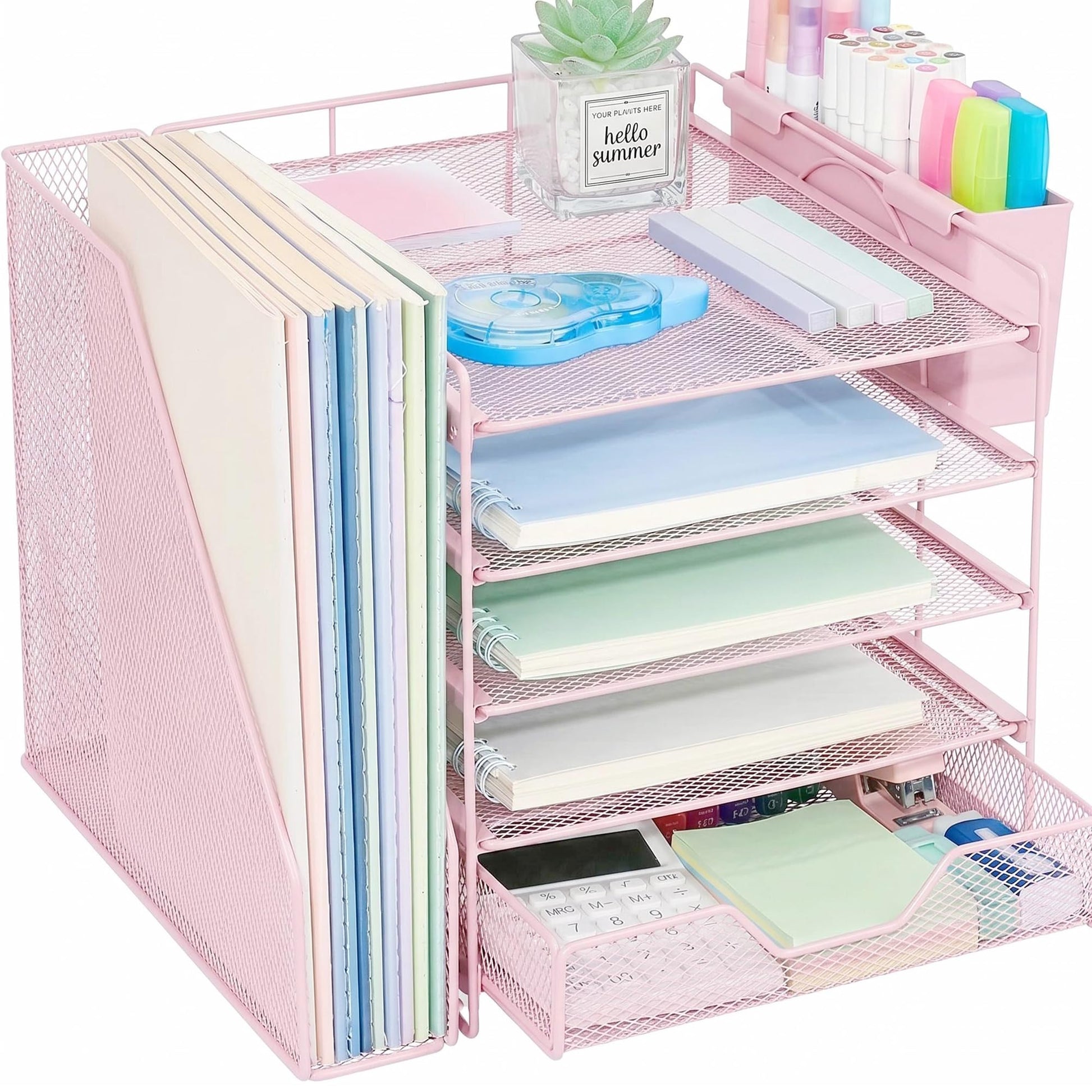 Gugsey 5-Tier Desk File Organizer with Drawer & Pen Holder (Pink)