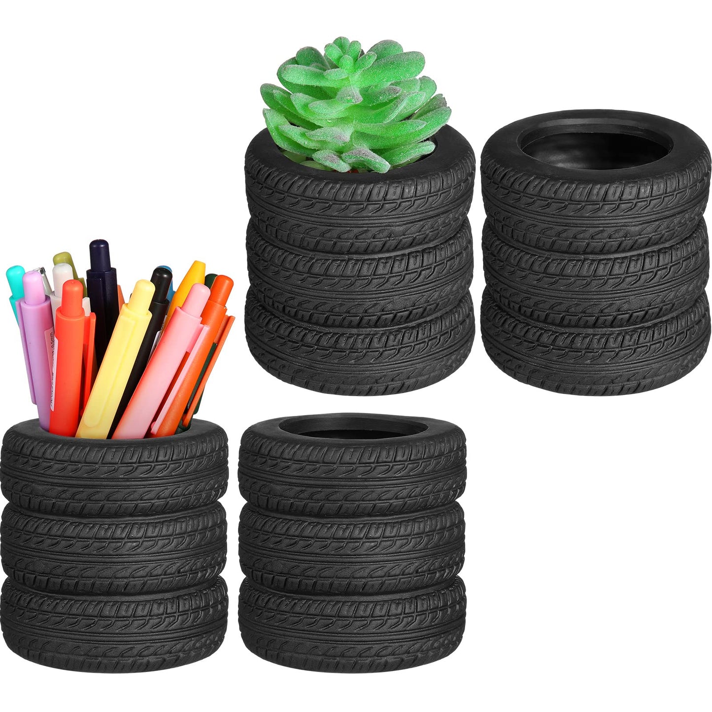 Crtiin 4 Pcs Tire Shaped Pen Holder, Car Tire Pencil Holder Organizer