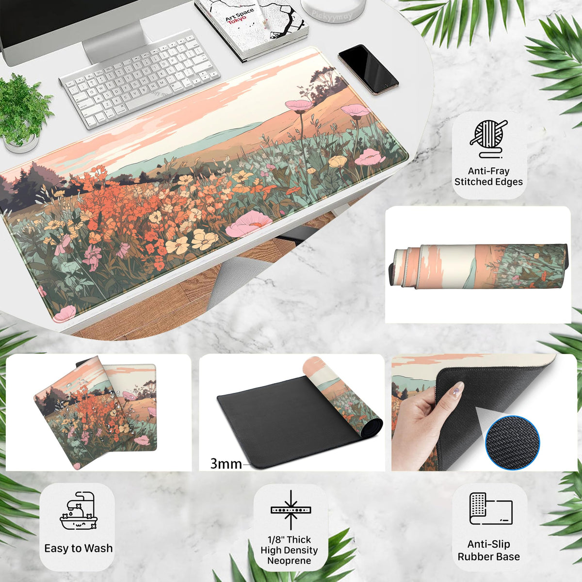 Desk Mouse Pad Large Desk Mat Botanical Flowers Mouse Mat Gaming, Extended Floral Keyboard Pad XXL