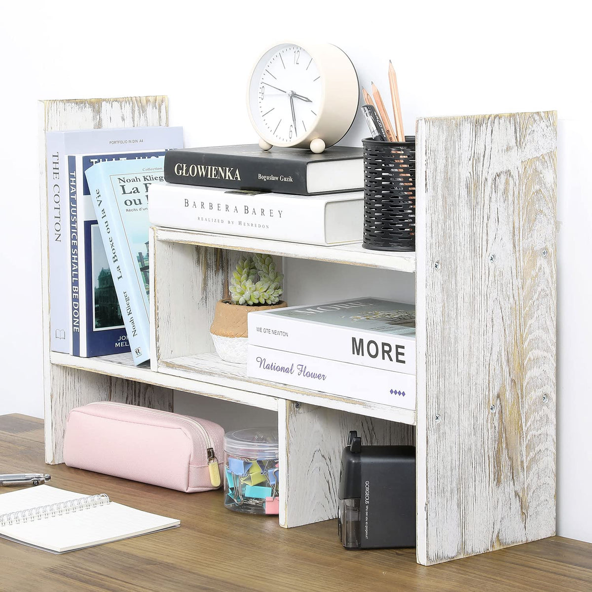 MyGift Adjustable Whitewashed Solid Wood Desktop Storage Organizer Display Shelf Book Rack, Office