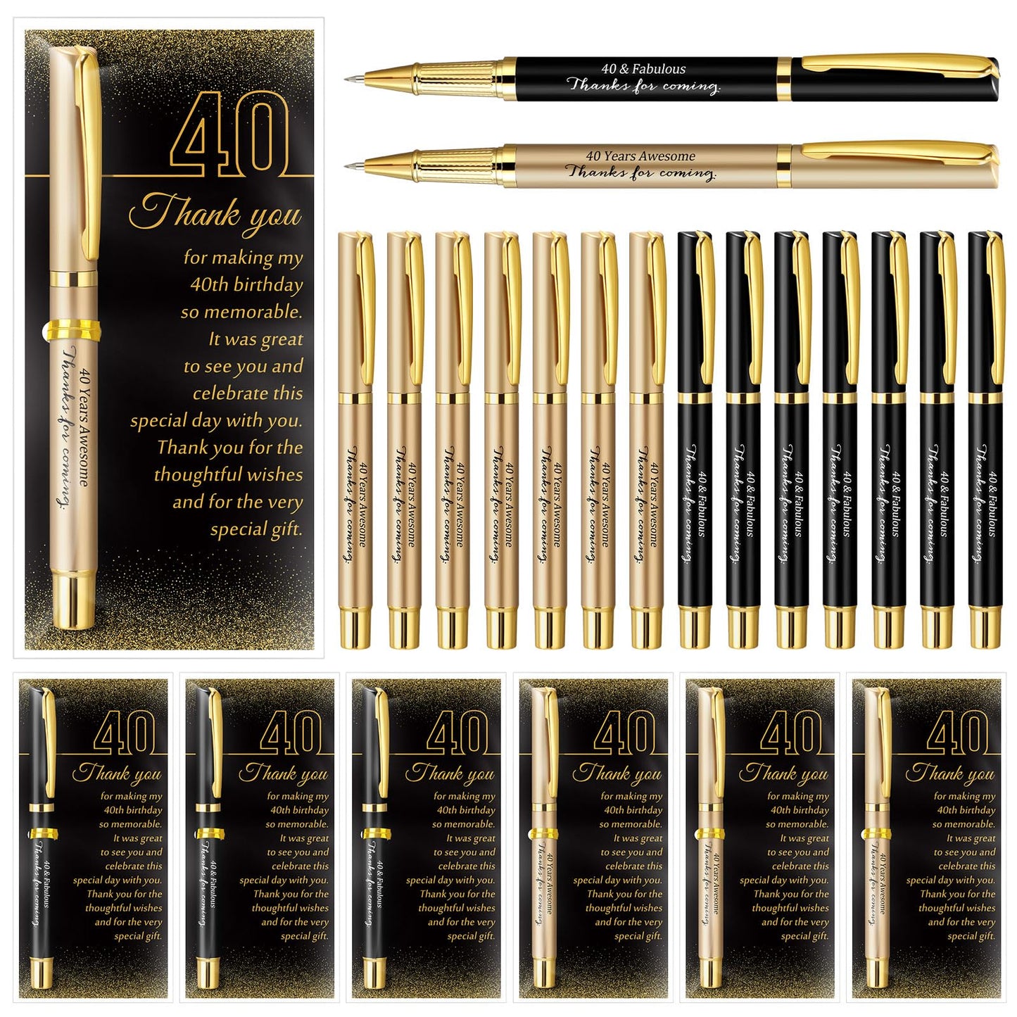 Feifeiya 50 Set 40th Birthday Favors with Black Gold Pens Cards