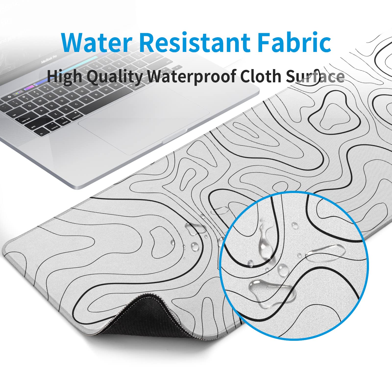 White Big Mousepad for Gaming Large Topographic Map Washable Desk Pad with Stitched Edge Office
