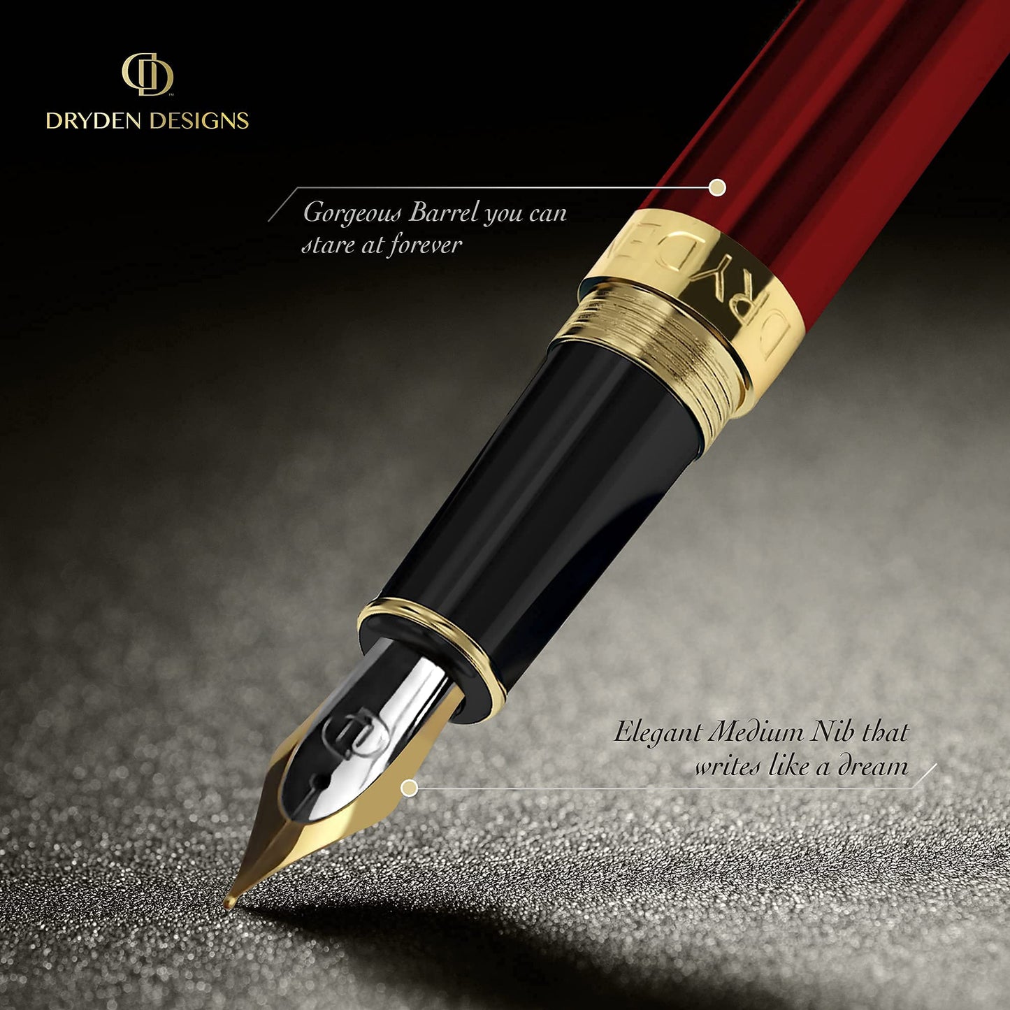 Dryden Designs Fountain Pen. Medium Nib Premium Box | 6 Ink Cartridges Included (Royal Red)