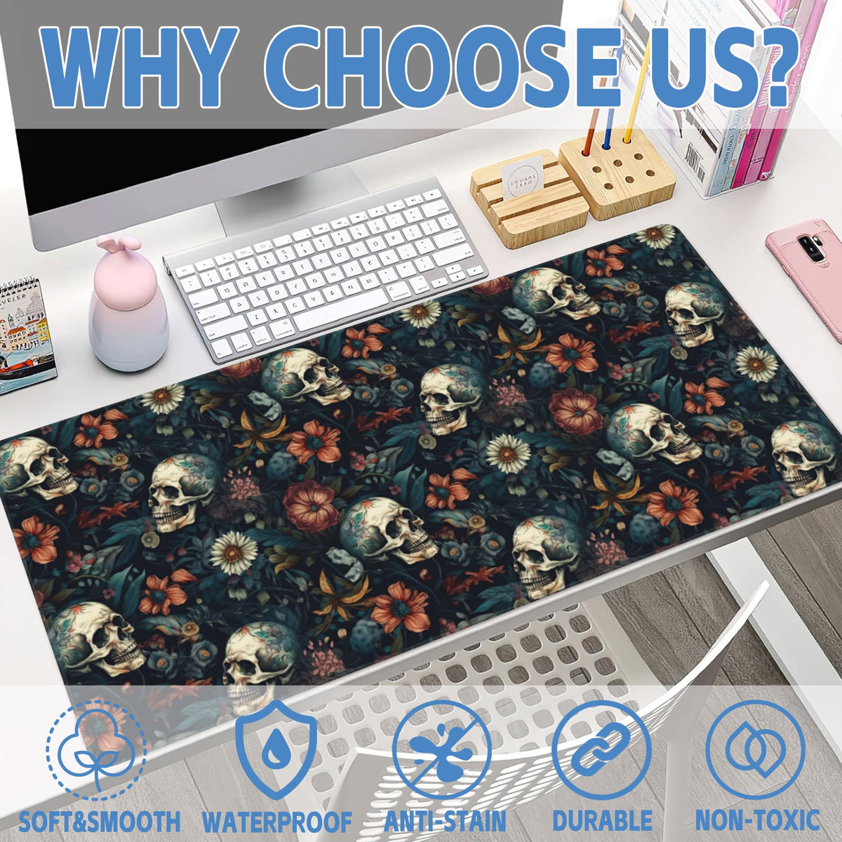Desk Mat,Skulls with Flowers Large Gaming Mouse Pad for Desk XXL,Skull Floral Desk Pad for