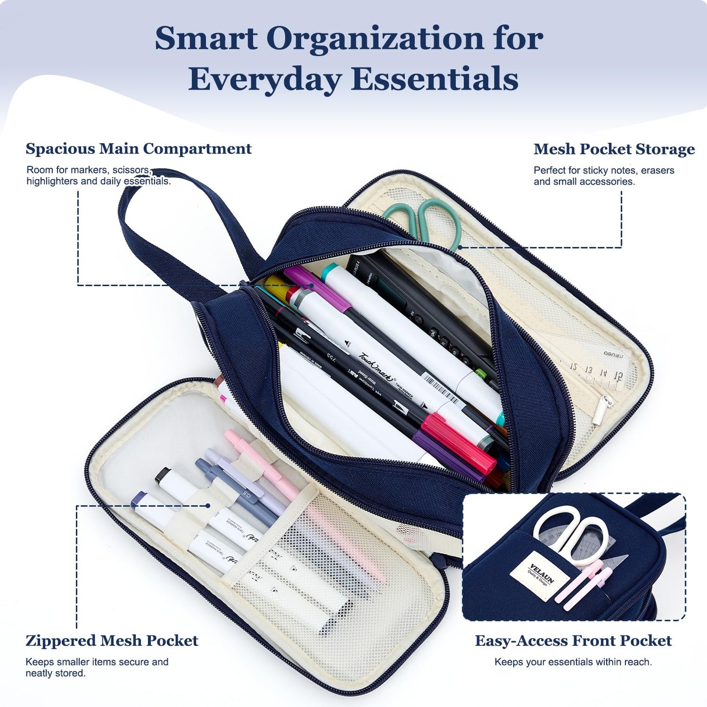 VELAUN Pencil Case Pouch, Large Capacity Pencil Box Bag, Aesthetic Pen Organizer for School
