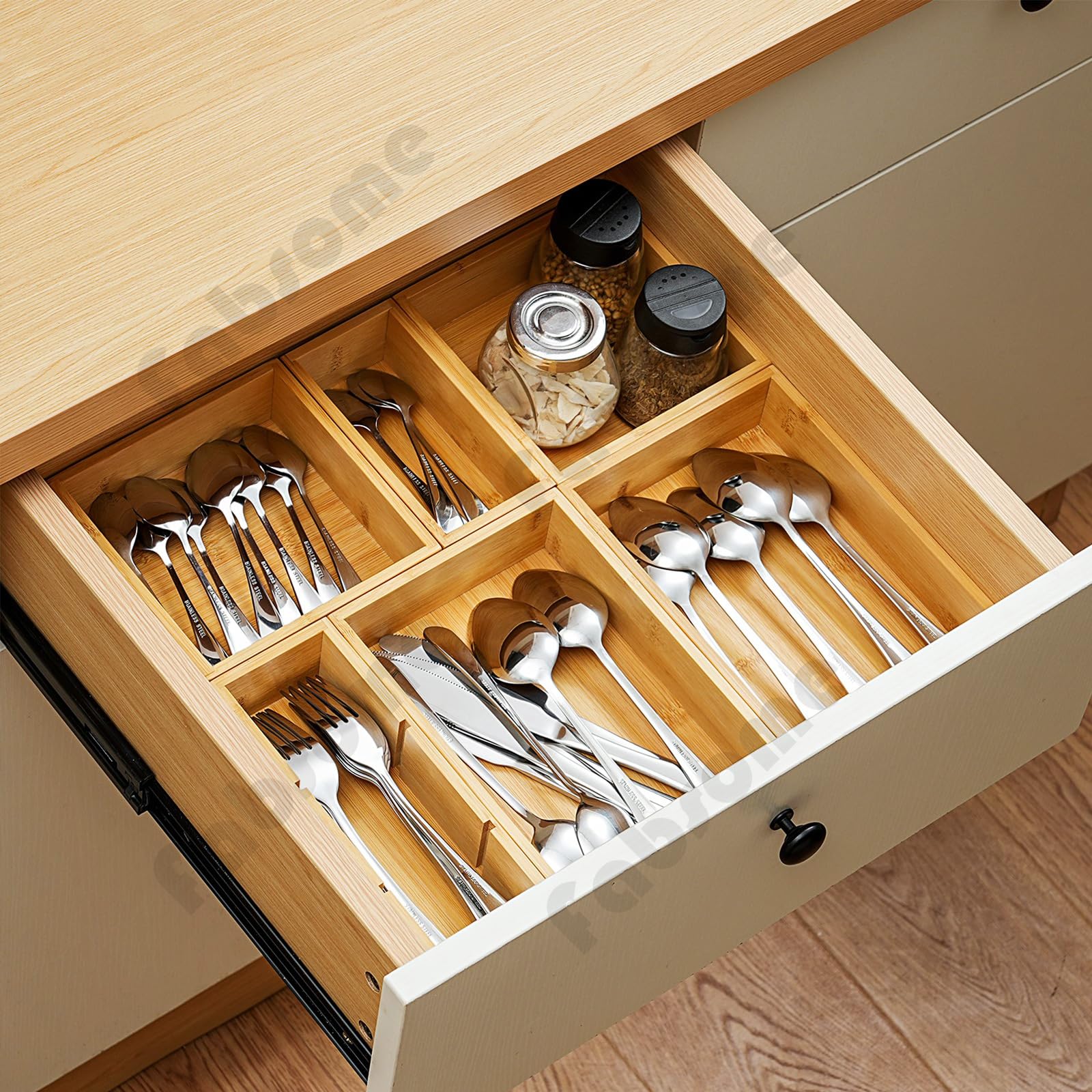 Fabsome Drawer Organizer, Set of 9 Bamboo Wood Kitchen Makeup Desk Junk Tea Drawer Storage Boxes