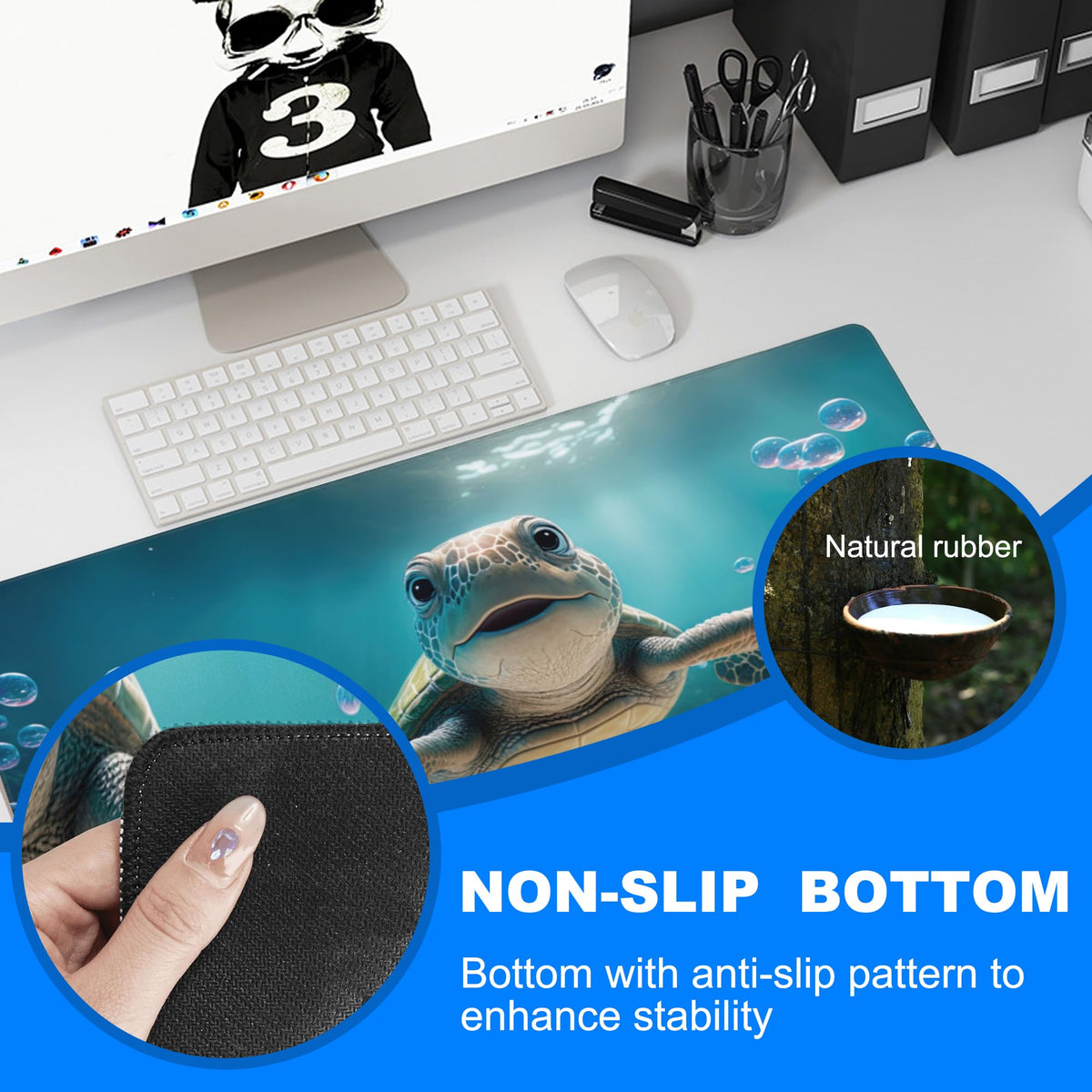 Desk Mat, Cute Turtle Smiling Under The Sea Extended Gaming Mouse Pad Large, 35.4"x15.7" Big Mouse