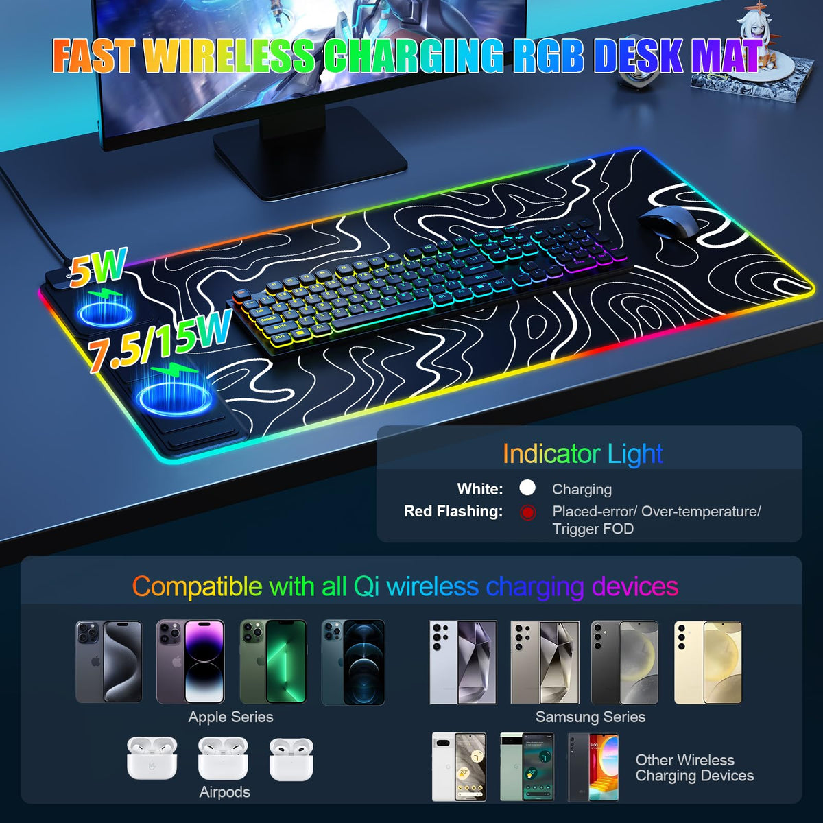Mouse Pad with Phone Holder, Wireless Charging Desk Mat, RGB Gaming Mousepad Home Office Large Desk