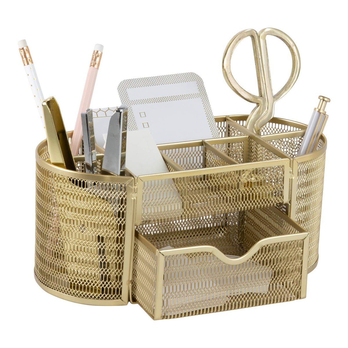 BLU MONACO | Gold Desk Organizer Set with Drawer | Metal Mesh Desk Accessories for Women | Stylish