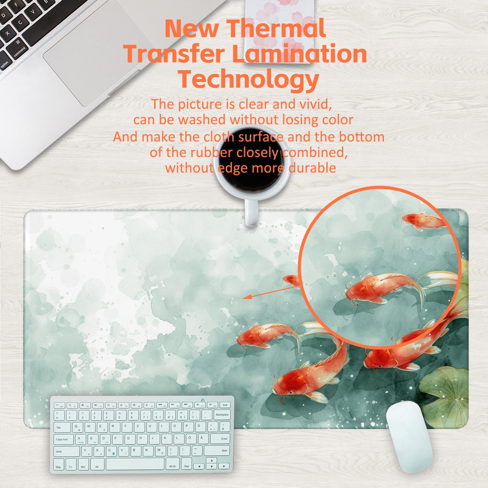 KOAIWPAE Desk Pad, Watercolor Koi Fish Desk Mat, Koi Fish in Pond Large Gaming Mouse Pad