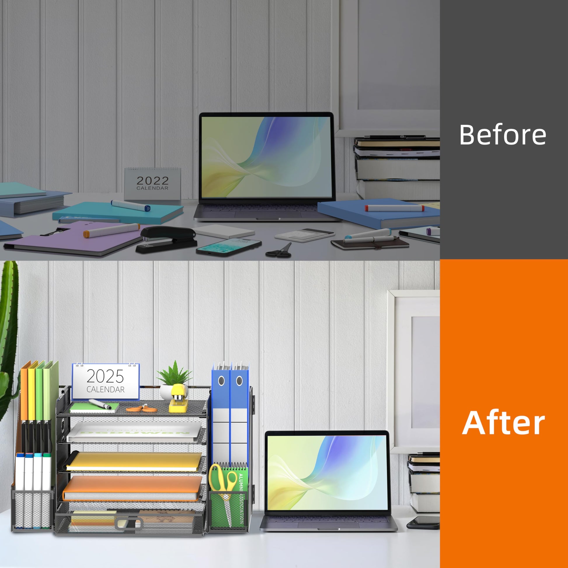 SUPEASY Mesh Desk Organizer with File Holder, 5-Tier Paper Letter Tray Organizer with Magazine