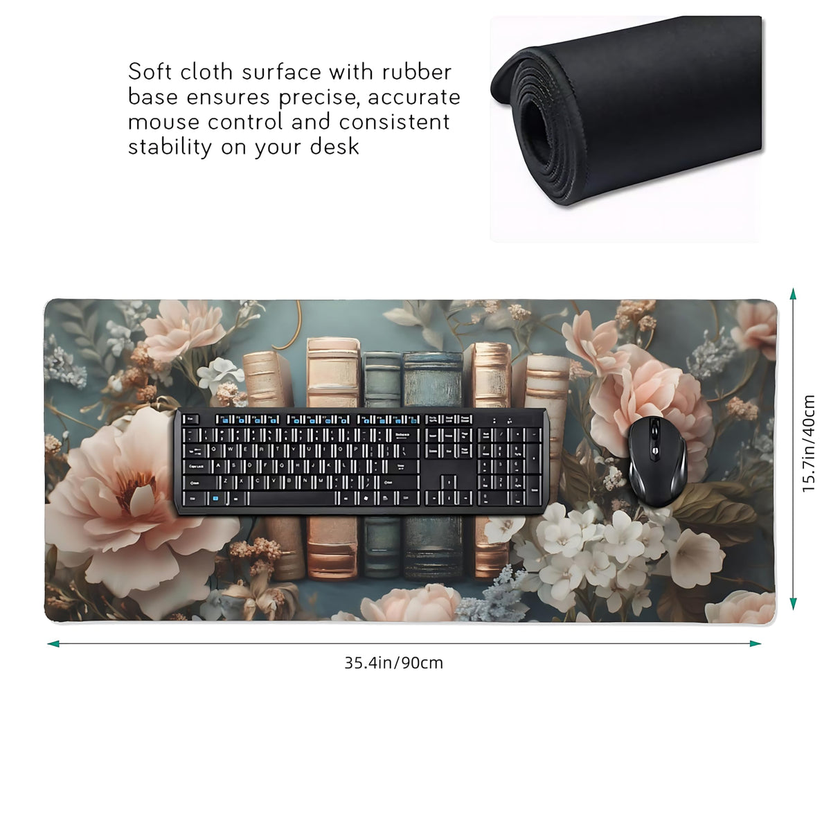 Floral Aesthetic Book Gaming Mouse Pad, Morandi Rococo Desk Mat with Anti-Slip Base & Stitched