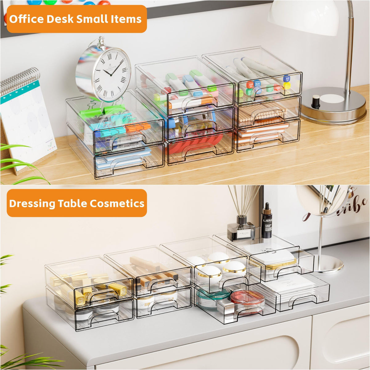 Yieach 2.2'' Tall Acrylic Clear Stackable Storage Drawer Organizer,8 Pack Desk Organization and