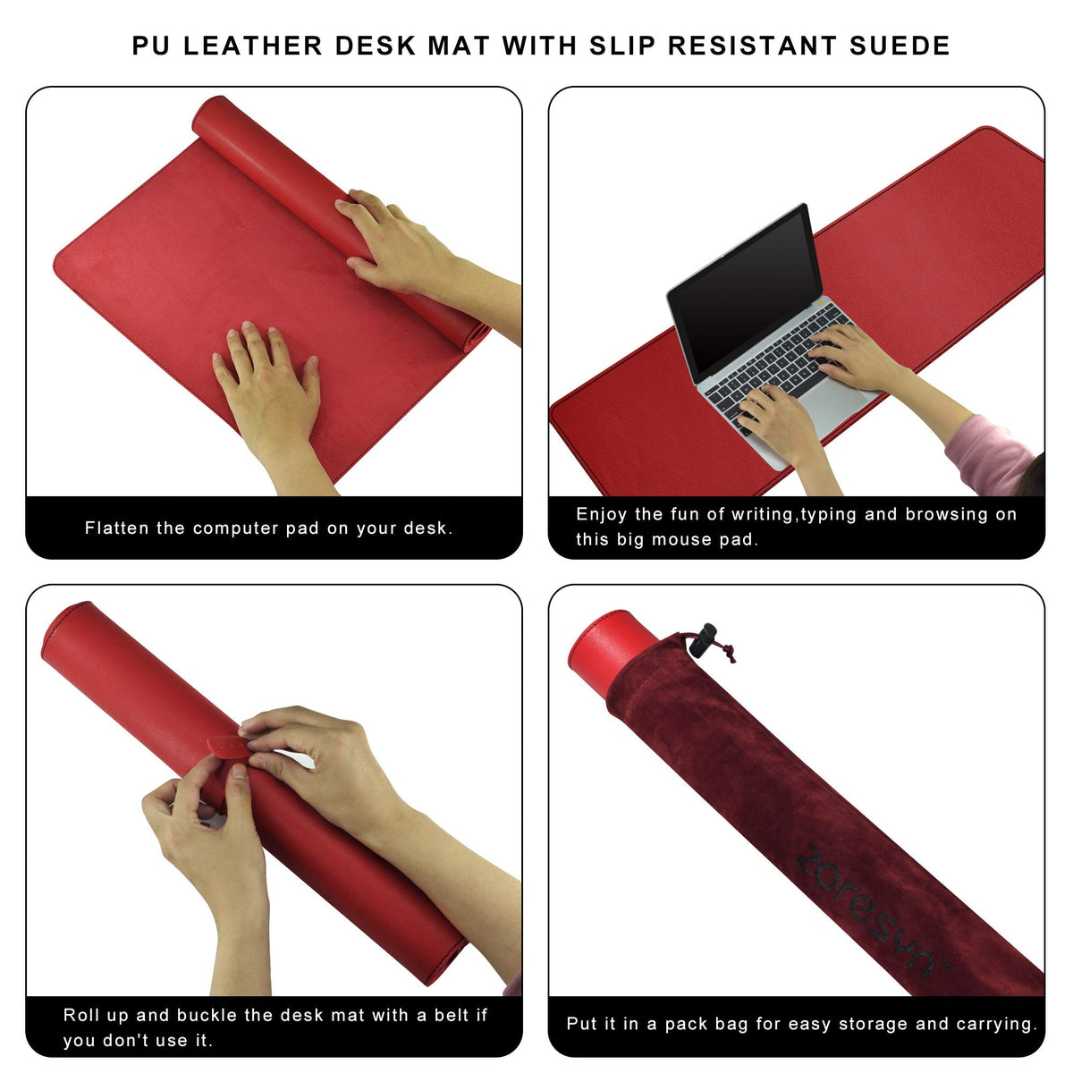 ZORESYN PU Leather Desk Mat 78.7 x 35.4 Inch Red