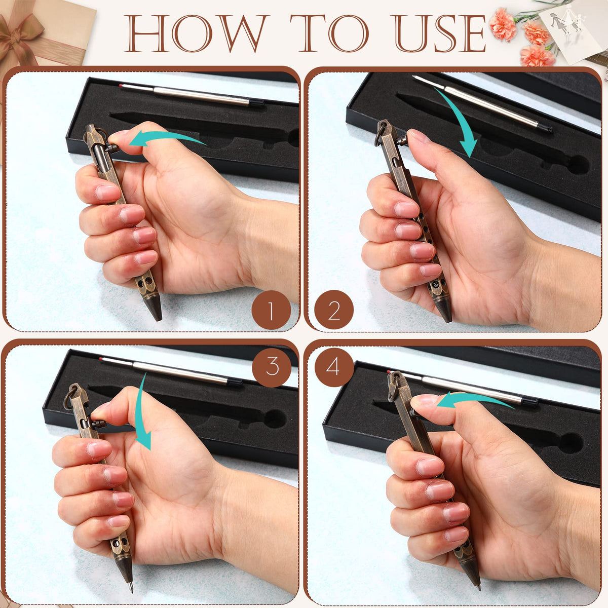 Chinco 12 Pcs Bolt Action Pen Sets Gift for Men 4 Hexagon Solid Brass Pens 8 Ink Refills Edc Pen