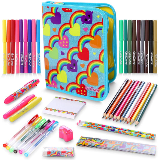 GirlZone 43-Piece Rainbow Filled Pencil Case with Supplies - Ages 7+ - Art Kit, Marker Binder &
