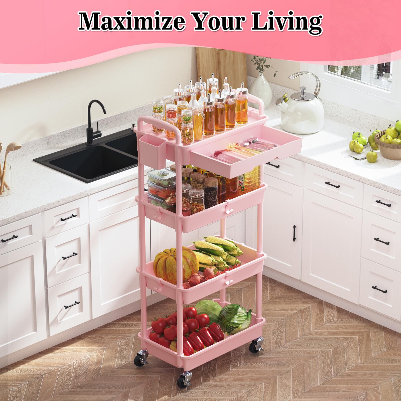 SUNALLY 4 Tier Rolling Cart with Drawer, Craft Storage Cart Organizer, Pink
