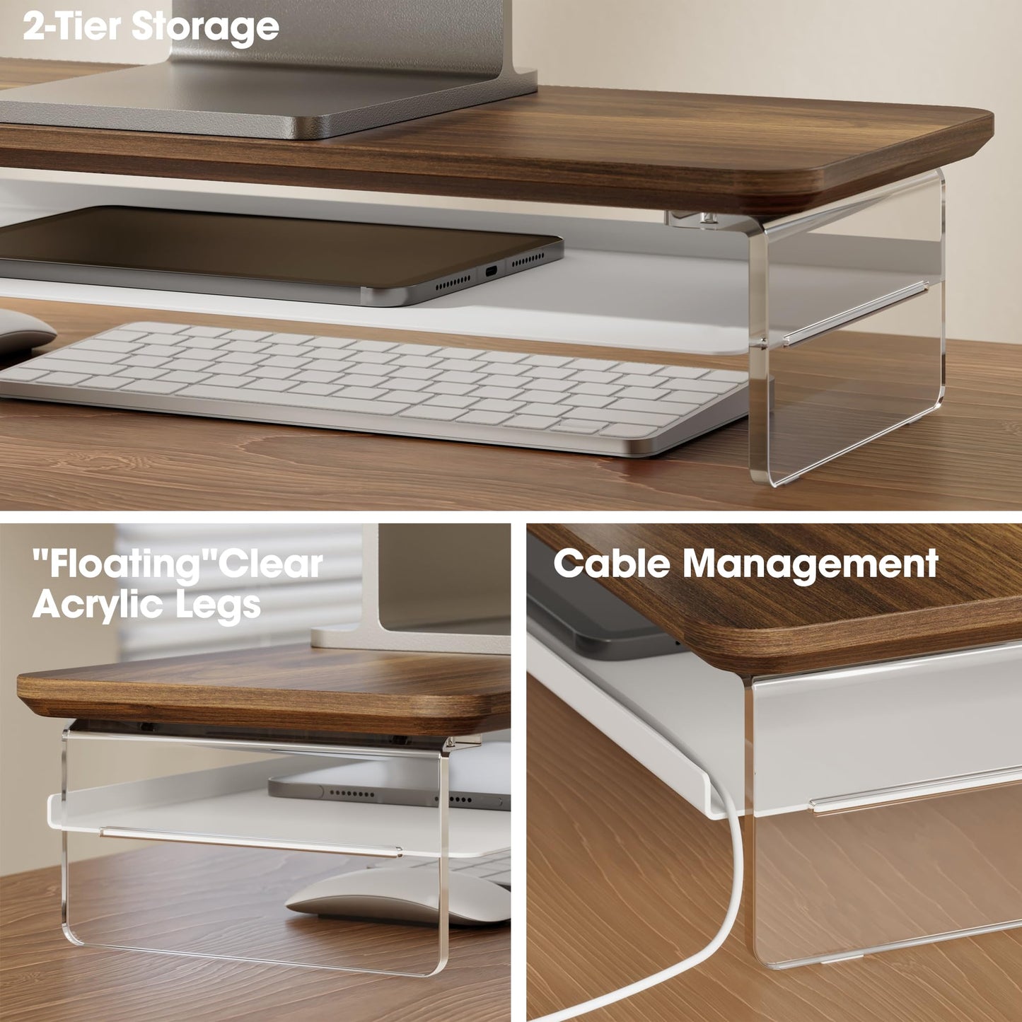 Fenge 23.6" Monitor Stand with Clear Acrylic Legs, Brown