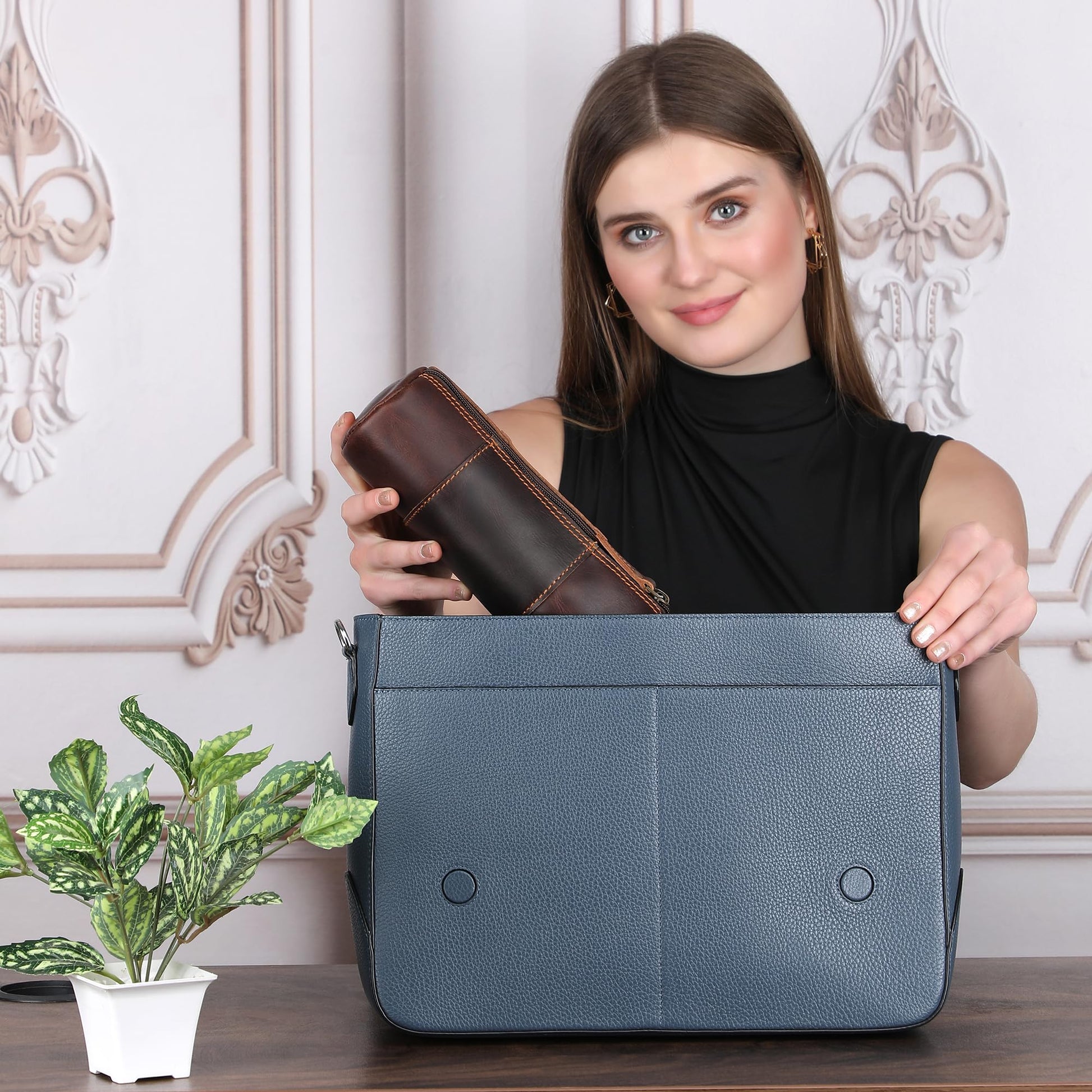 TheAntiq Brown Leather Pencil Case, Make-up Pouch, Leather Zipper Pouch