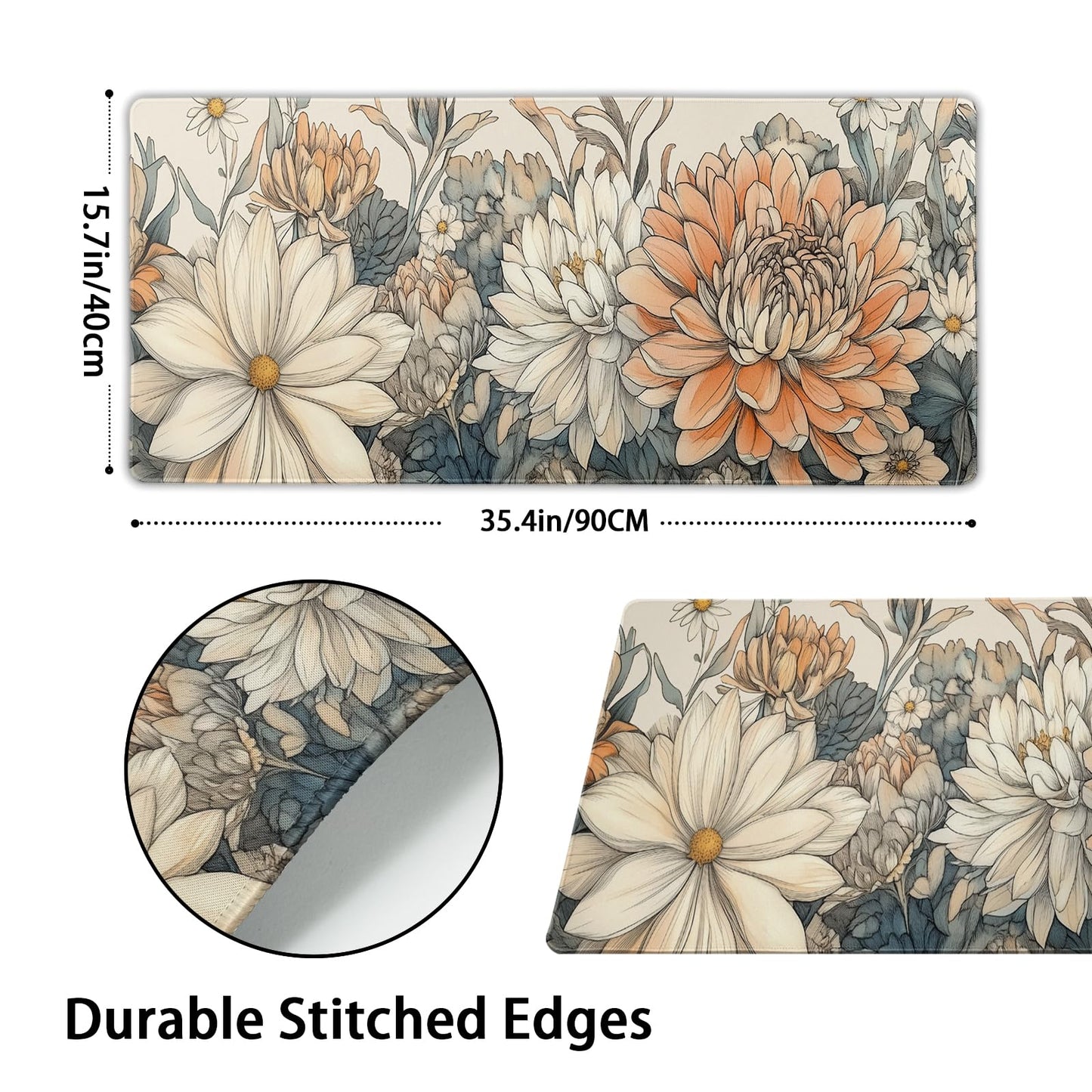 Japanese Minimalist Floral Desk Mat Vintage Botanical Flower Mouse Pad Beautiful Flowers Desk Pad