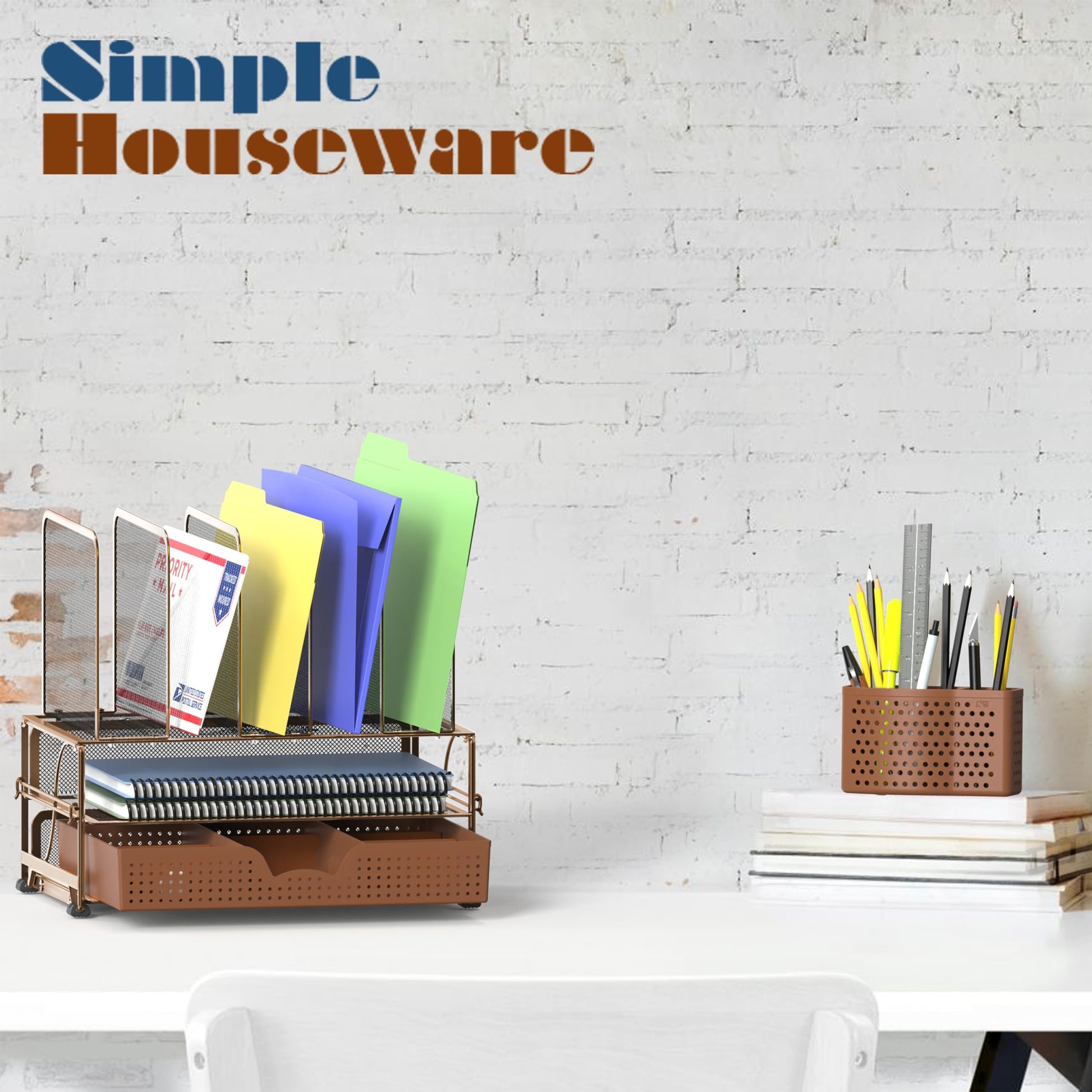 Simple Houseware Desk File Organizer for Office Supplies w/Drawer, Copper