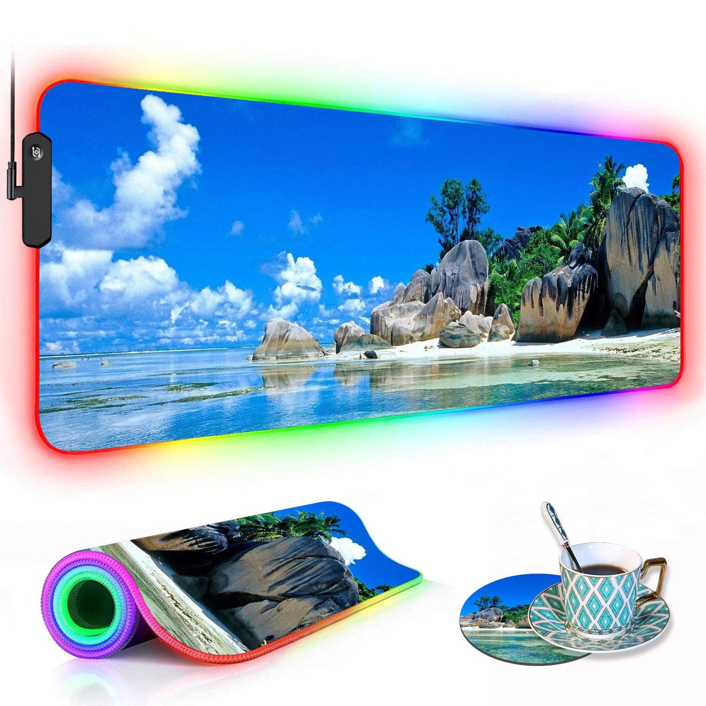 RGB Gaming Mouse Pad with Coffee Coaster, XXL Large Glowing LED Mousepad, Anti-Slip Rubber Base