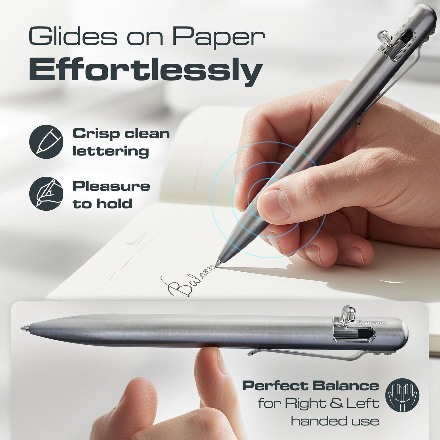 BASTION Bolt Action Pen, Titanium Silver, HyperBolt & ZeroSeam EDC Pen, Refillable Titanium Writing