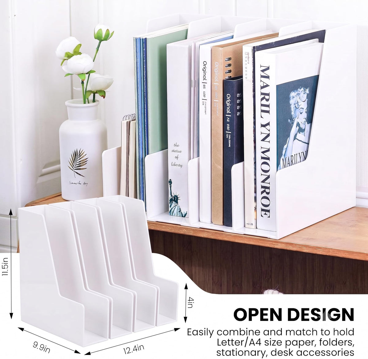 LALOBLUE White Vertical File Organizer, 4 Section Magazine Holder for Desk, Desktop File Folder
