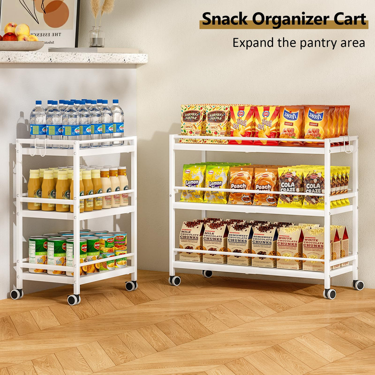 3-Tier Expandable Rolling Pantry Organizers and Storage Cart with Wheels, Adjustable Pantry Floor