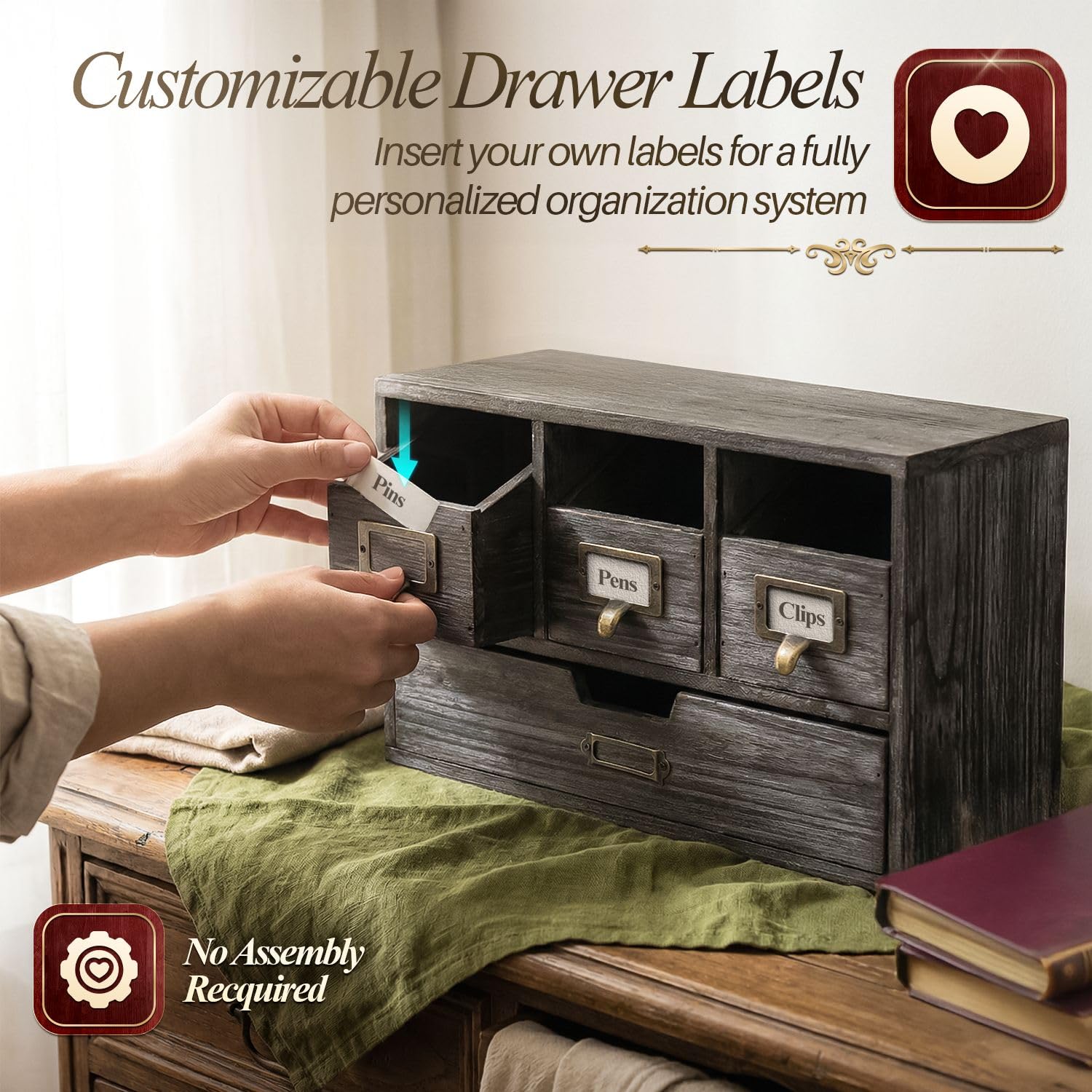Flexzion Apothecary Cabinet with 4 Drawers - Vintage Rustic Wood Desktop Organizer for Home &