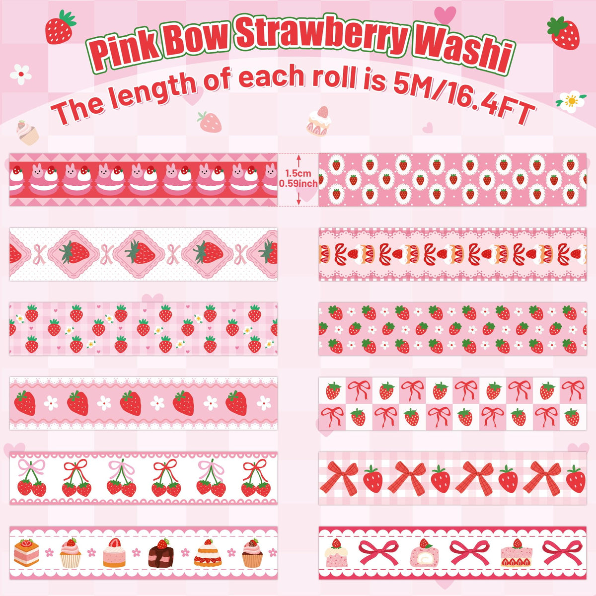 BkeeCten Pink Strawberry Washi Tape - 12 Rolls Waterproof Cute Bow Sweets Desserts Self Adhesive