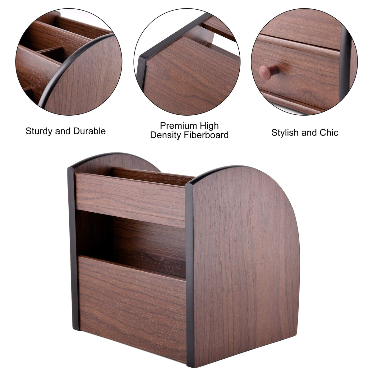 Siveit Wooden Desktop Organizer with Drawer, Multifunctional Office Supply Storage - Remote Control