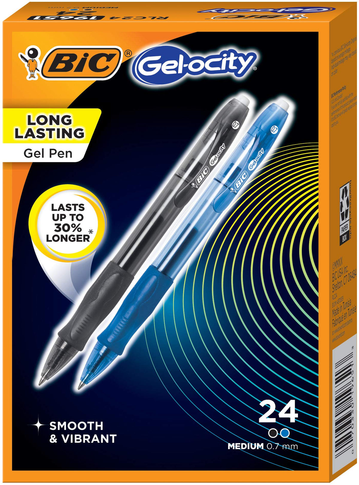 BIC SUPER SMOOTH Gel-ocity gel pens, Bulk Pack Of 24 Ink Pens, 12 Black And 12 Blue Retractable Gel