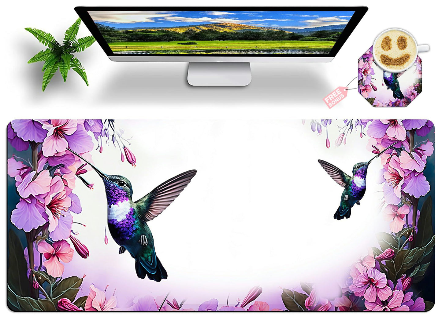 Hummingbird Extended Large Mouse Pad with Coaster - 35.4 x 15.7 Full Desk Mousepad - Stitched Edges