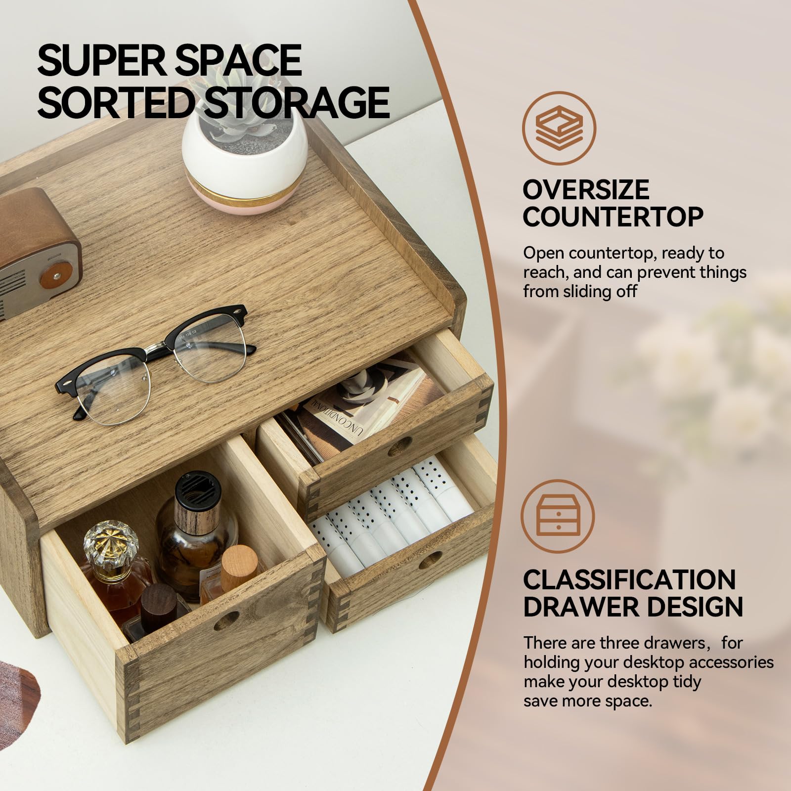 KIRIGEN Wooden Desk Organizer with 3 Drawers and Top Tray, Brown DT1D3C-DBR