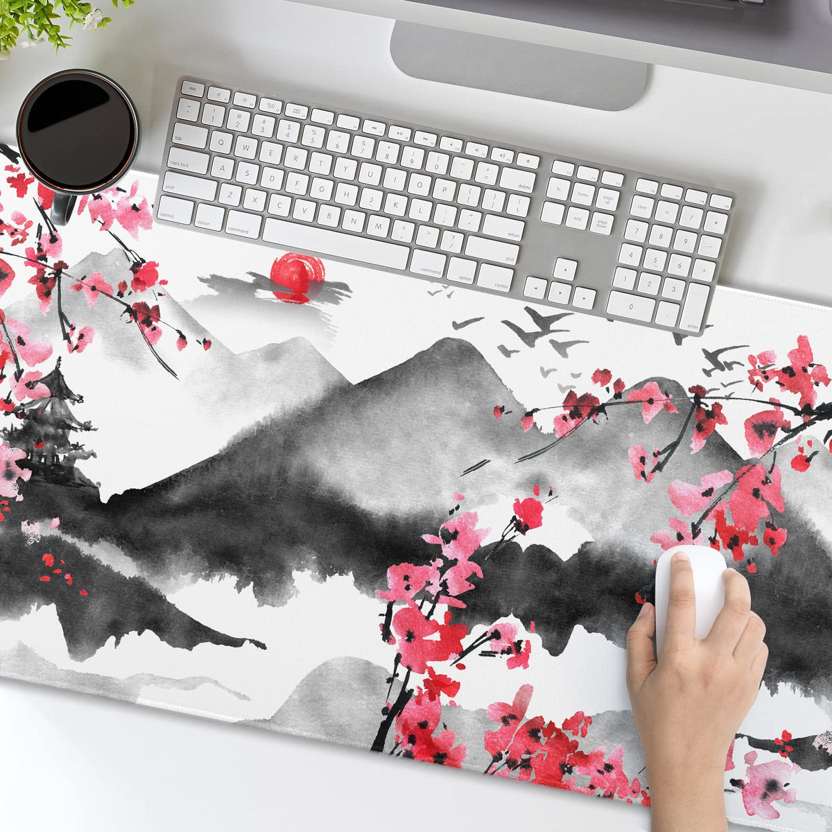 Japanese Cherry Blossom Mouse Pad 35.4 X 15.7 Inch XXL Full Desk Pink Watercolor Art Cool Design