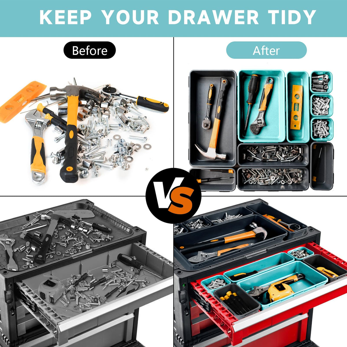 FLYVOLE Tool Box Organizer Tray, 60 PCS & 5 Sizes, Black and Sky Blue