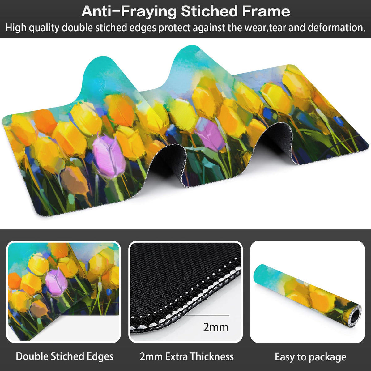 Tulips Flowers Desk Mat,Large Yellow and Violet Tulip Flowers Gaming Keyboard Mouse Pad,Non-Slip