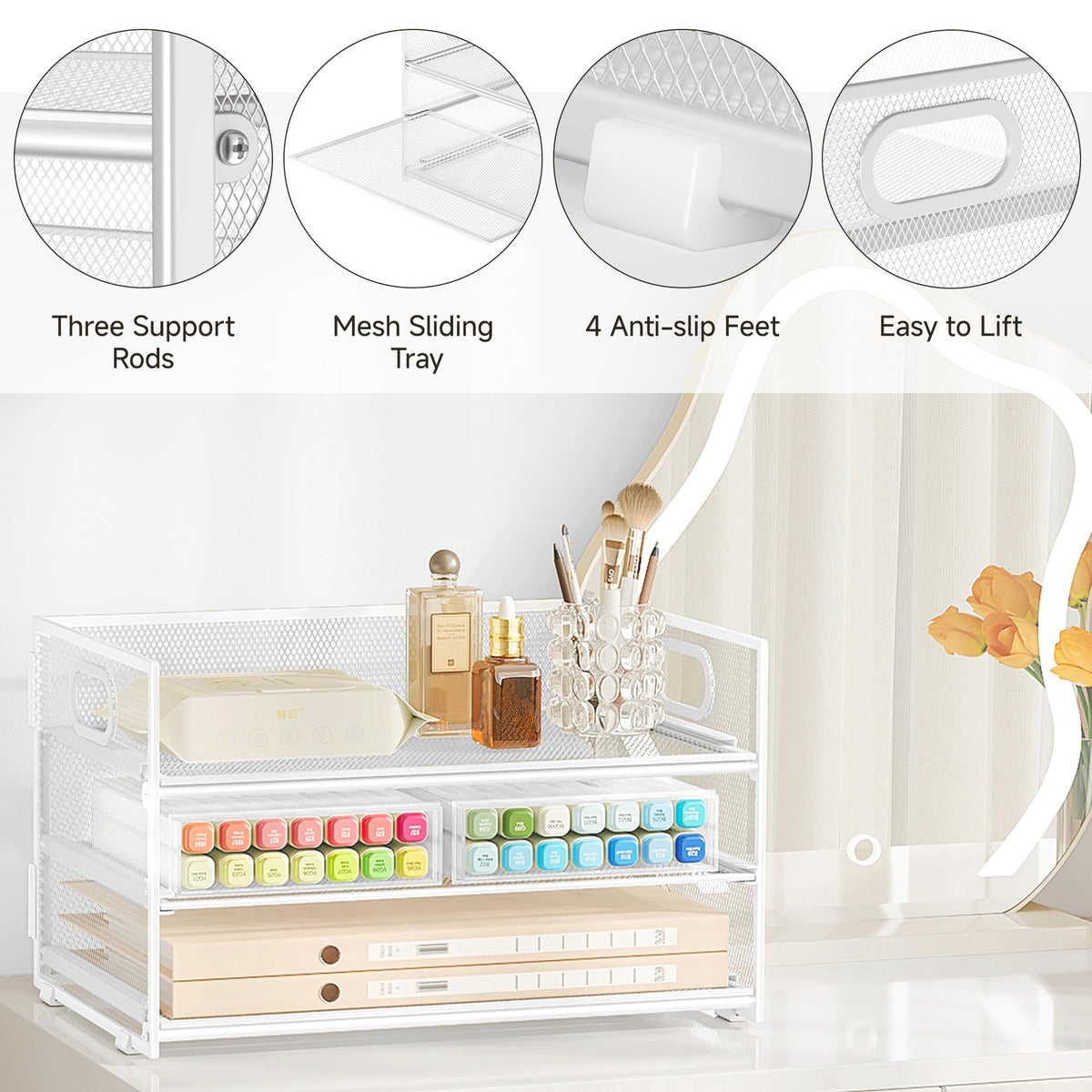 Subekyu 3 Tier Letter Tray Paper Organizer with Handle, 1 PC Sliding Tray, White Metal Mesh Desk