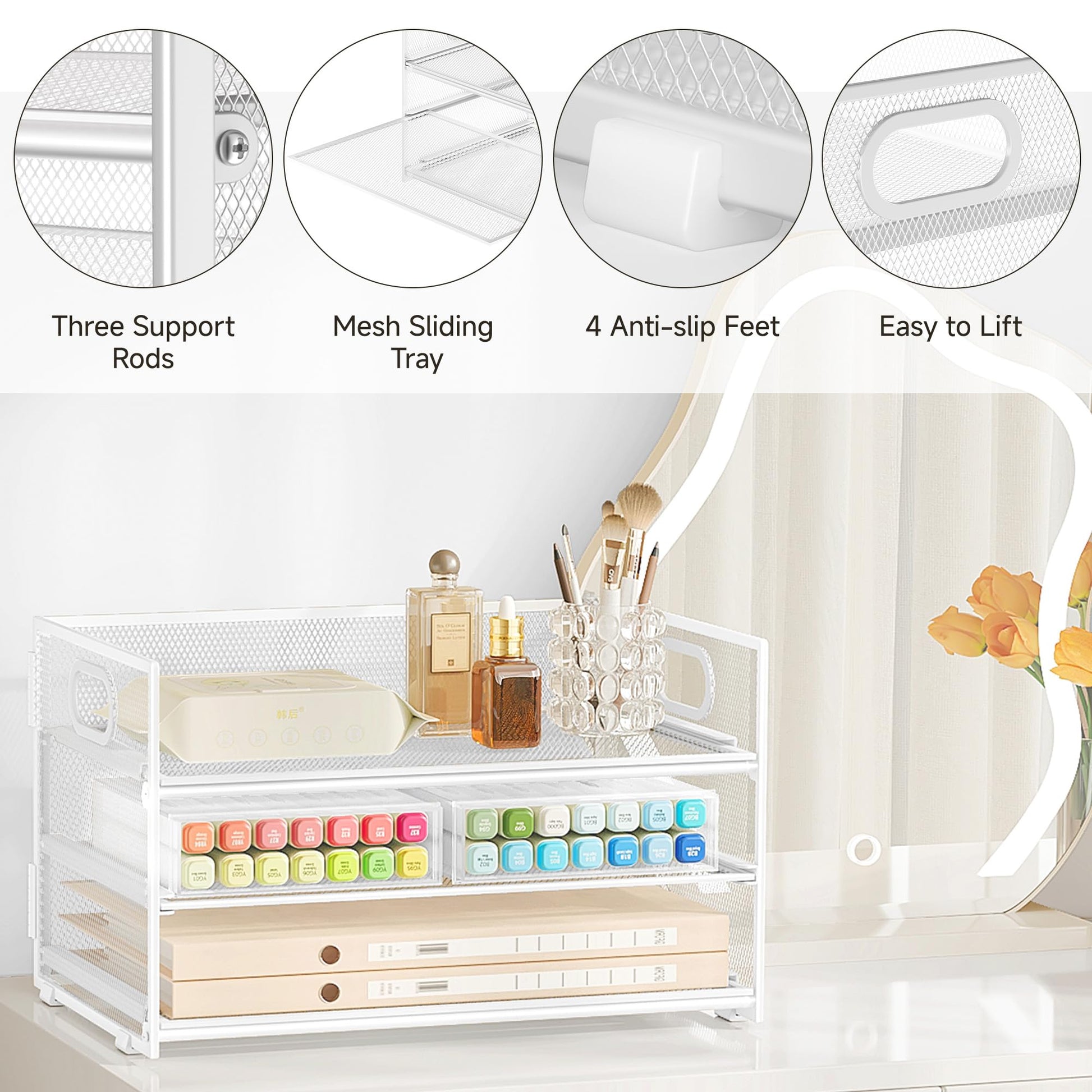 Subekyu 3 Tier Letter Tray Paper Organizer with Handle, 1 PC Sliding Tray, White Metal Mesh Desk