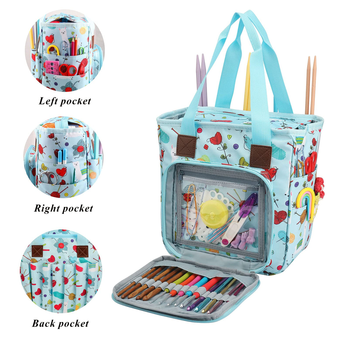 KOKNIT Knitting Tote Bag, Portable Carry on Knitting Crochet Yarn Storage Bag with Pockets