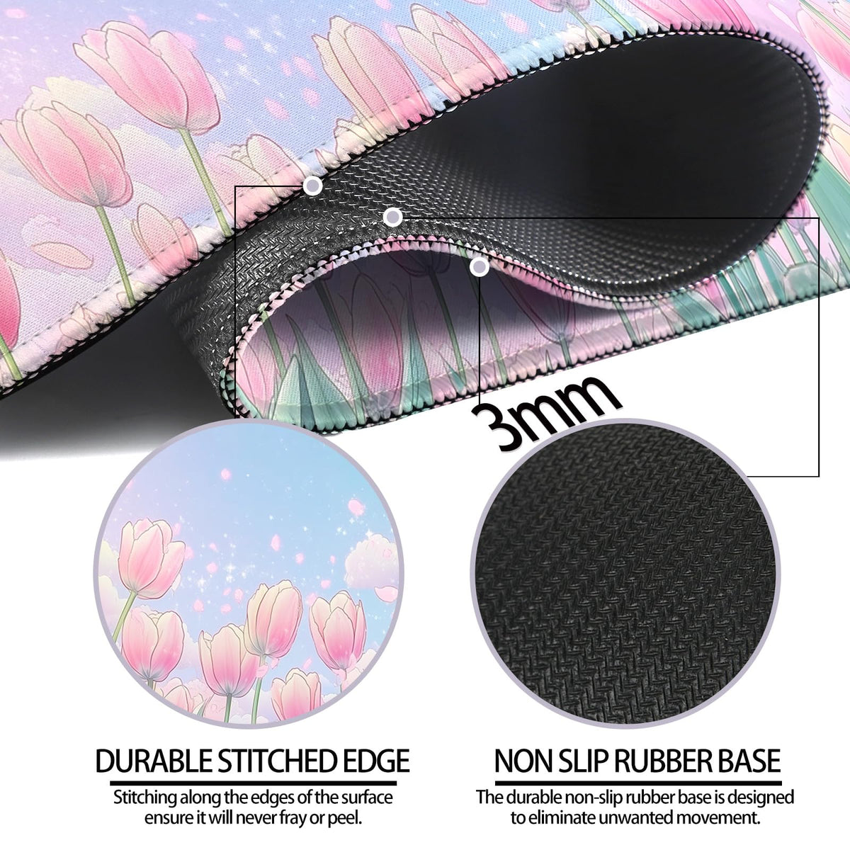 JIANG100 Pink Tulips Gaming Desk Mat, Flower Extended Mouse Pad, XL