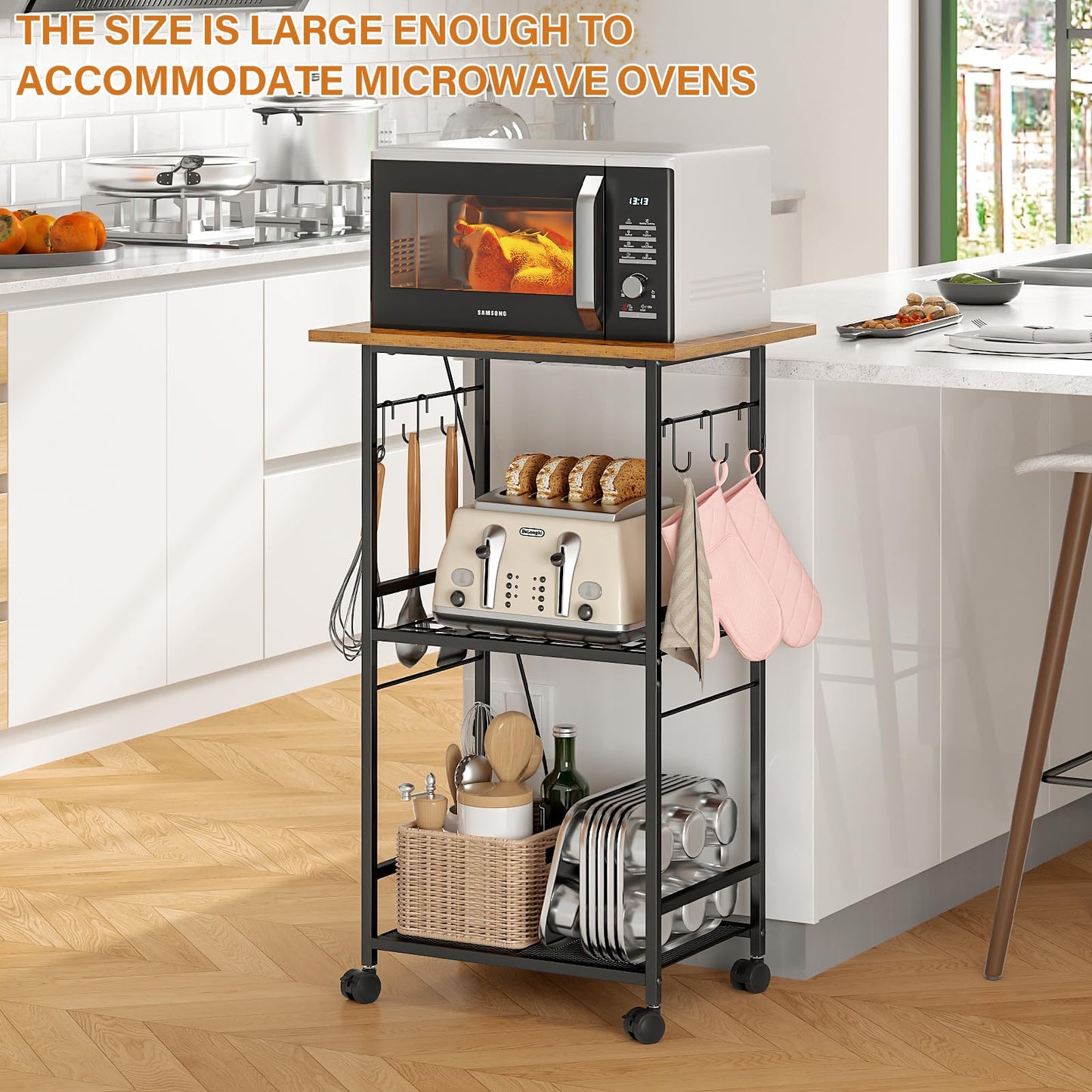 ThreeHio Rolling Kitchen Microwave Cart, 3 Tier Microwave Table Stand with Adjustable Shelf