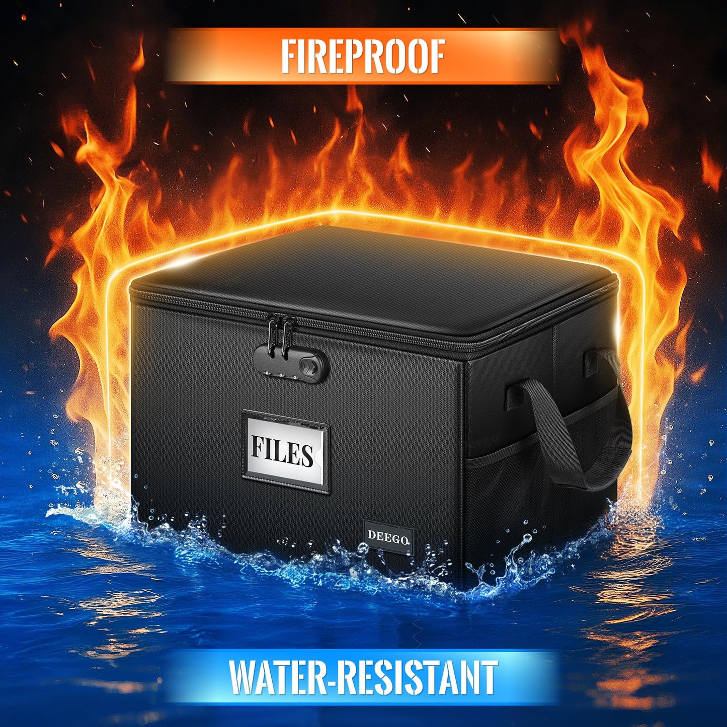 DEEGO Fireproof Document Box, Water-Resistant File Organizer Box with Lock