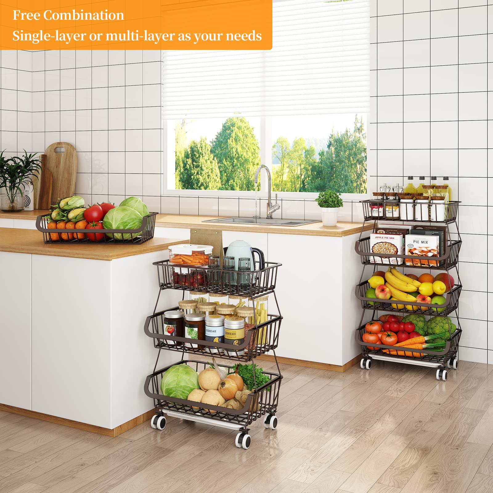 Miyawell Fruit Vegetable Storage Basket for Kitchen - 4 Tier Stackable Metal Wire Baskets Cart with
