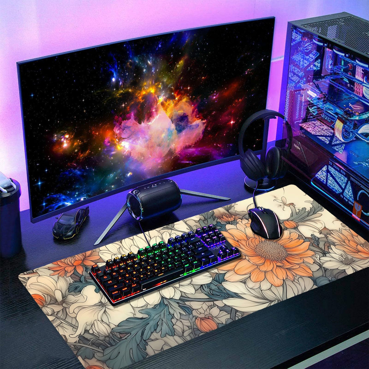 Minimalist Floral Gaming Mouse Pad XXL White Orange Aesthetic Flowers Japanese Extended Large Mat