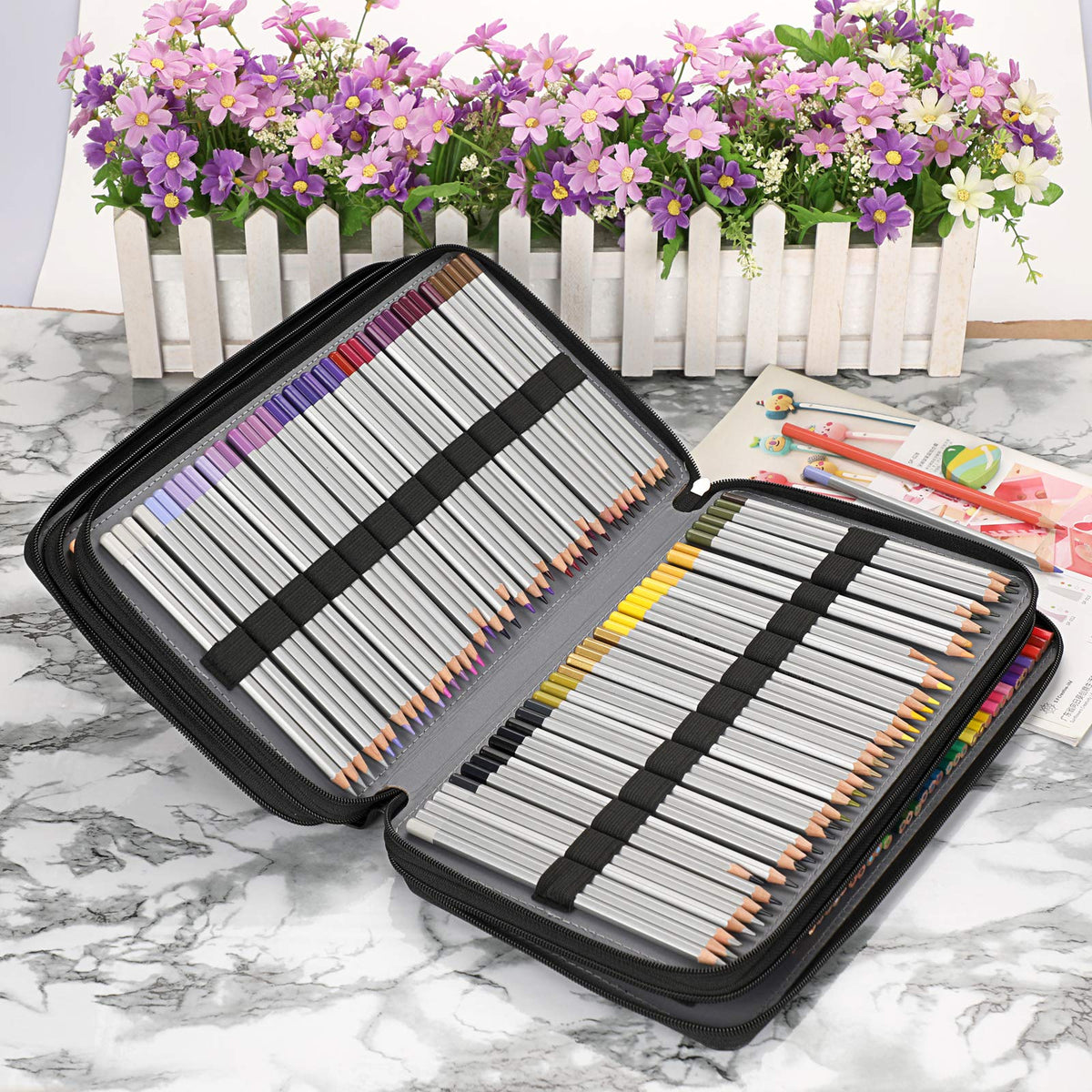 BTSKY 300 Slots Colored Pencil Organizer - Deluxe PU Leather Pencil Case Holder with Handle Strap