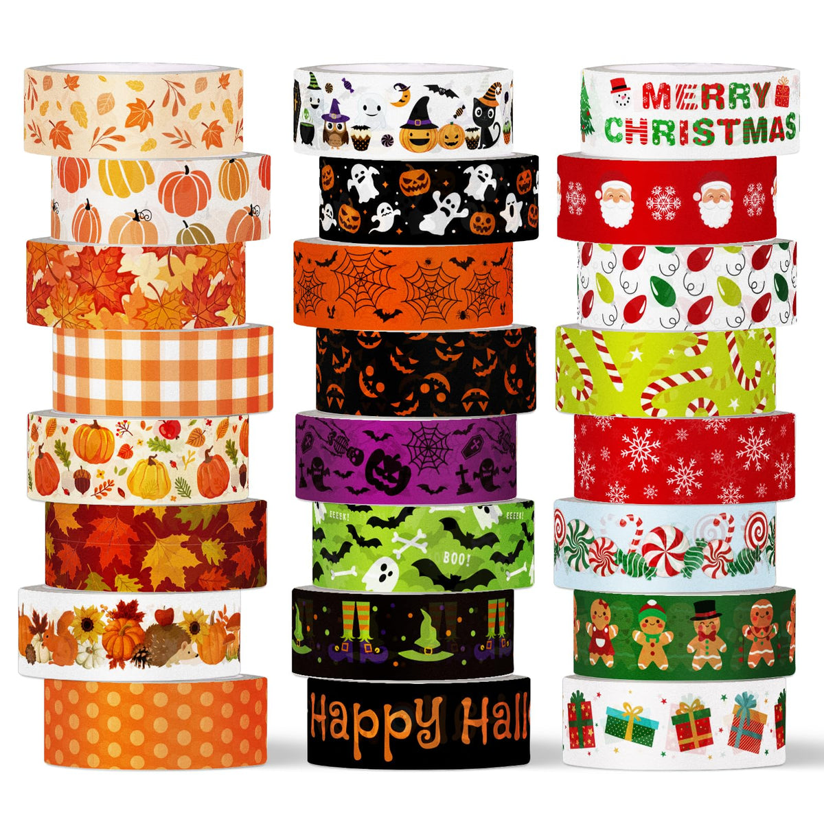 Whaline 24 Rolls Fall Halloween Christmas Washi Tape Masking Tape Set Holiday Wrapping Paper Tapes