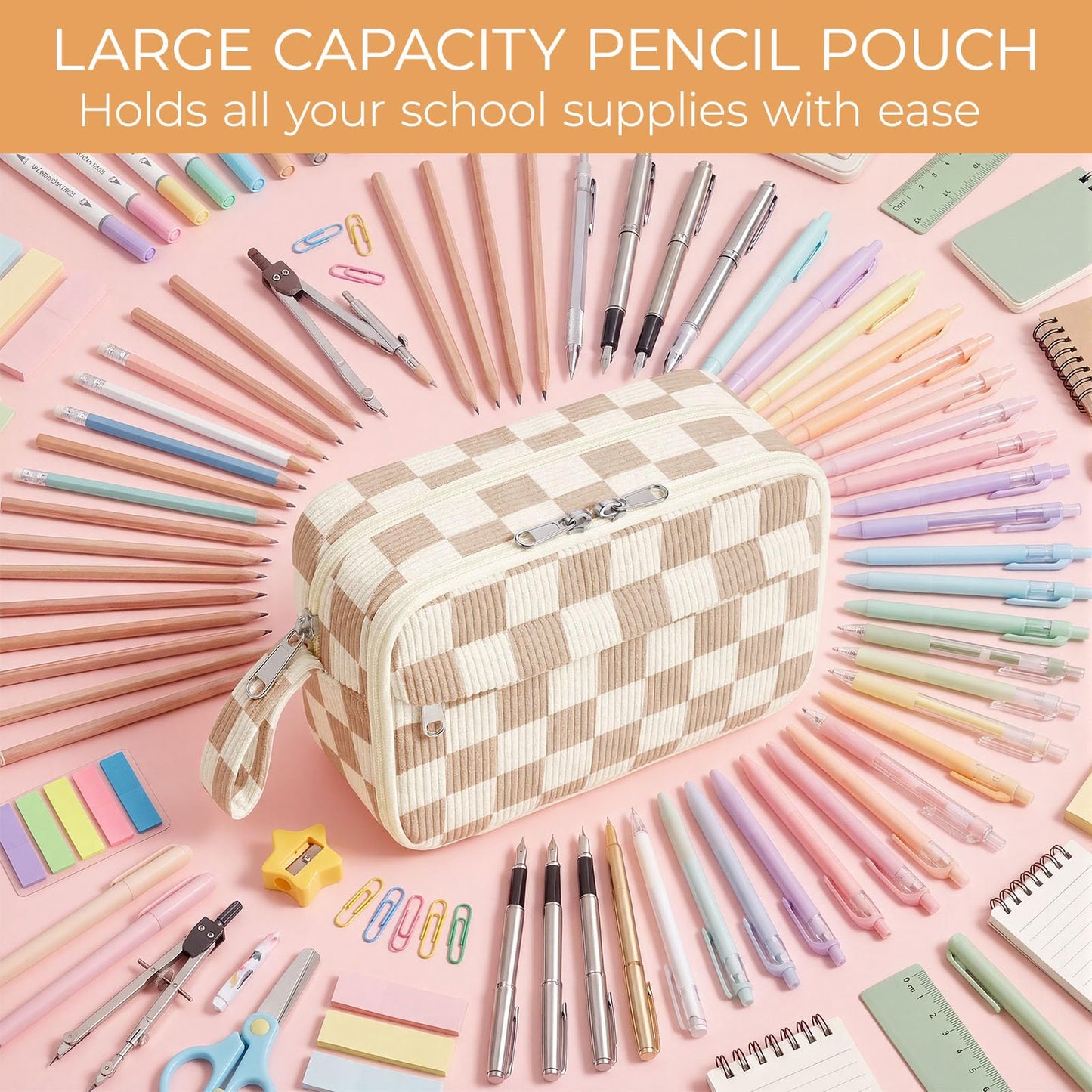 WOBAGMEN Cute Pencil Case,Large Corduroy Zippered Pencil Case Pouch, aesthetic Pencil Bag with